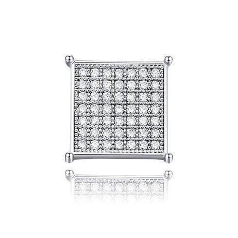 Micro Pave Flat Square 14K White Gold Plated Cubic Zircon Men Women Stud Earring